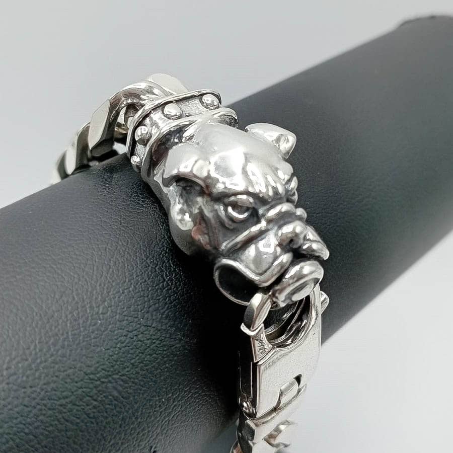 Pulsera de plata de ley 925 maciza con cierre diseño cabeza de perro bull dog, cierre