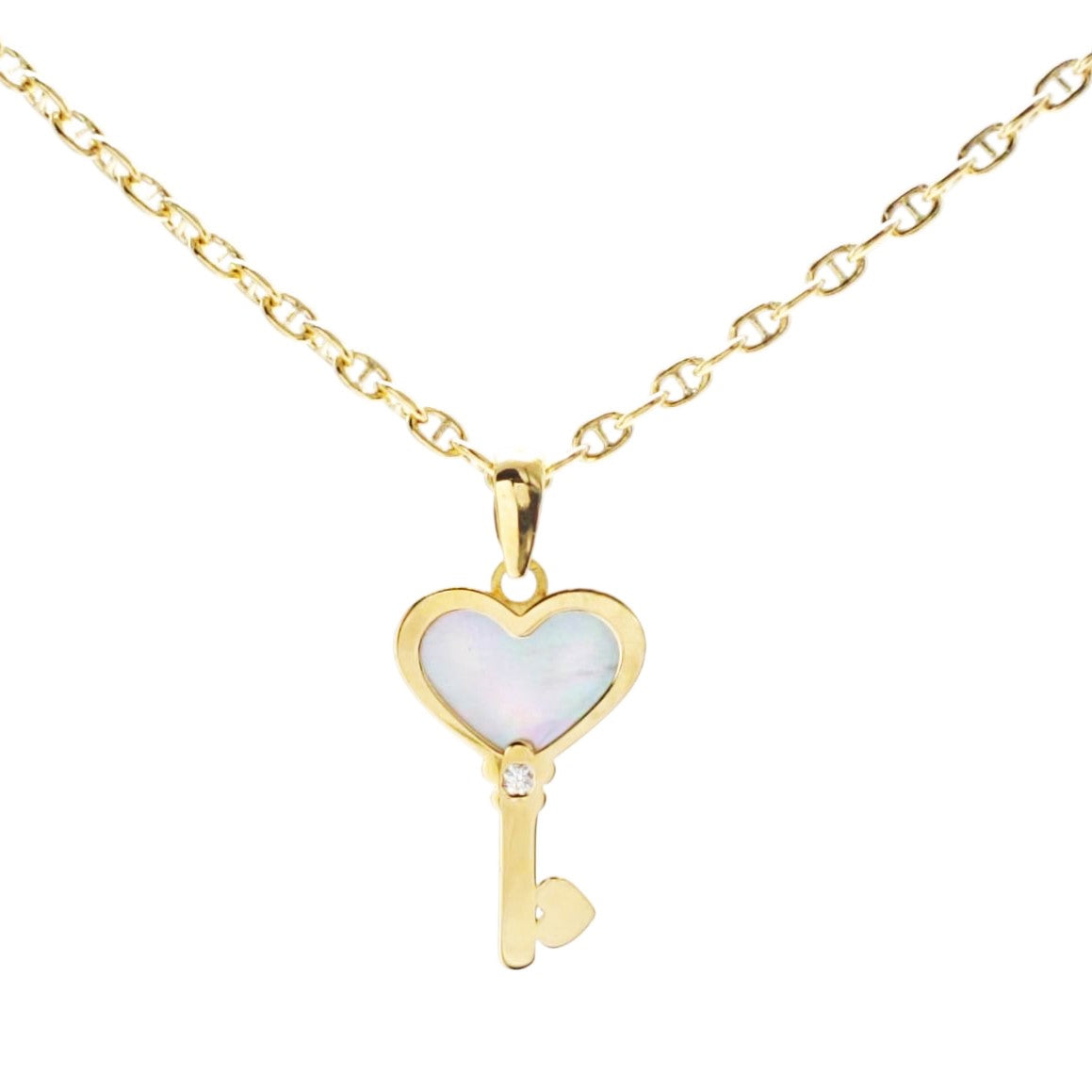 Cadena 40cm con colgante llave con nácar en oro de ley 18k