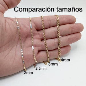 Comparación de grosores de cadenas de oro de 9k sobre la mano: 4, 5, 6 y 8 mm