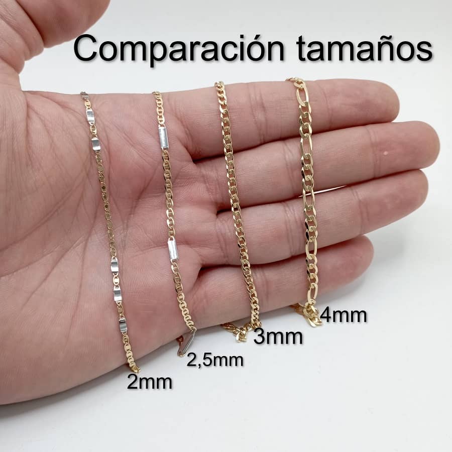 Comparación de grosores de cadenas de oro de 9k sobre la mano: 4, 5, 6 y 8 mm