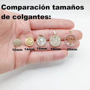 Comparación de tamaños de colgantes de oro de 9k sobre la mano: 12, 14, 16, 18 y 20 mm