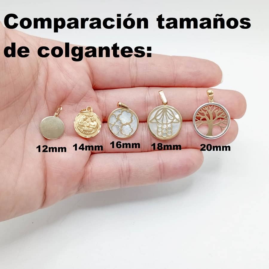 Comparación de tamaños de colgantes de oro de 9k sobre la mano: 12, 14, 16, 18 y 20 mm