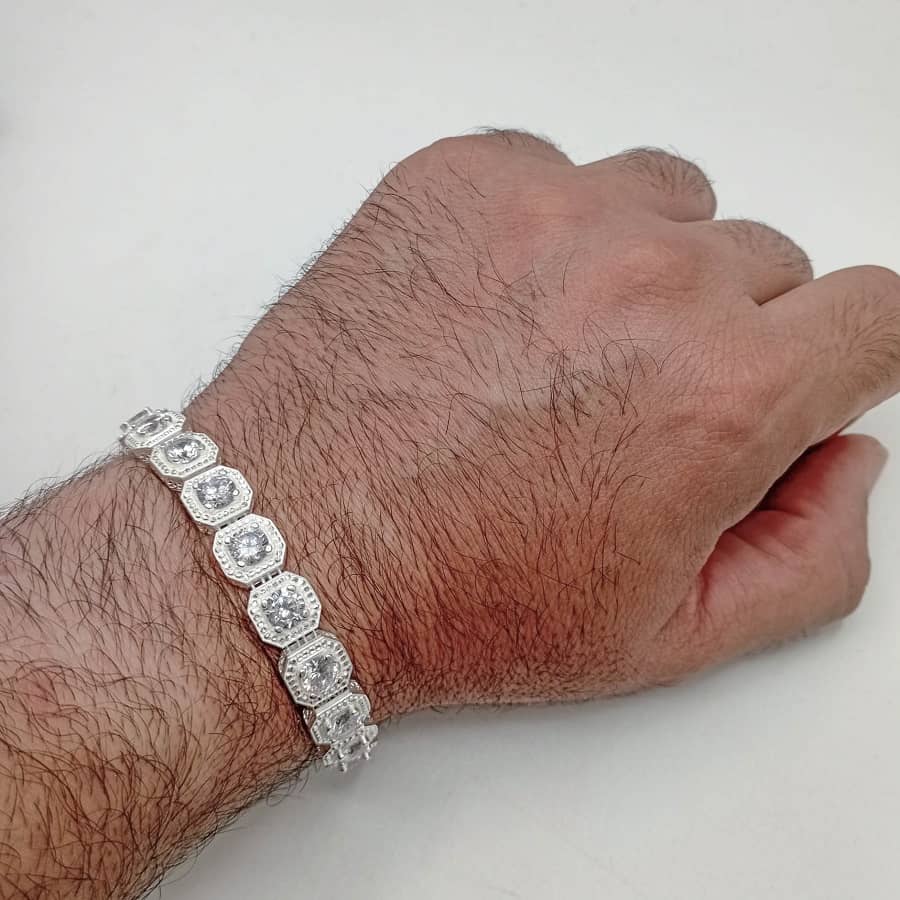 pulsera de plata de ley 925 maciza modelo chatones iced 10 mm de ancho mano