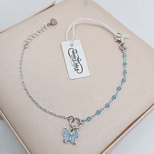 Pulsera de plata fina con colgante mariposa azul hd