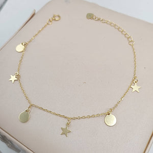 Pulsera de plata fina chapada en oro con colgantes en forma de estrellas y chapitas hd