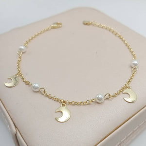 Pulsera de plata fina con colgantes en forma de luna y perlitas chapada en oro hd