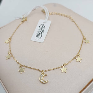Pulsera de plata fina chapada en oro con colgantes en forma de luna y estrellas hd