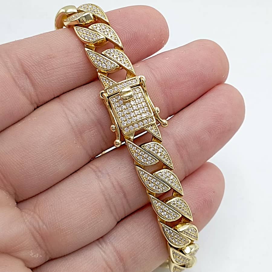 Pulsera chapada en oro cubana de plata de ley 925 con cierre microengaste iced zoom