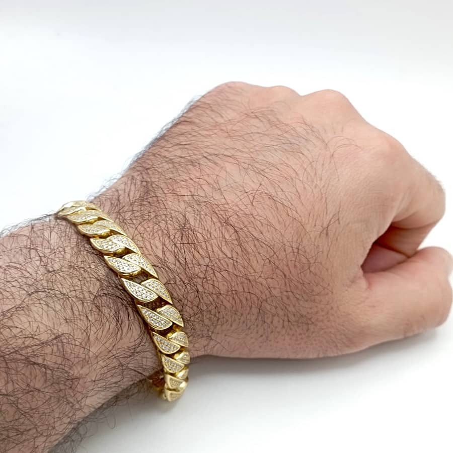 Pulsera chapada en oro cubana de plata de ley 925 con cierre microengaste iced mano