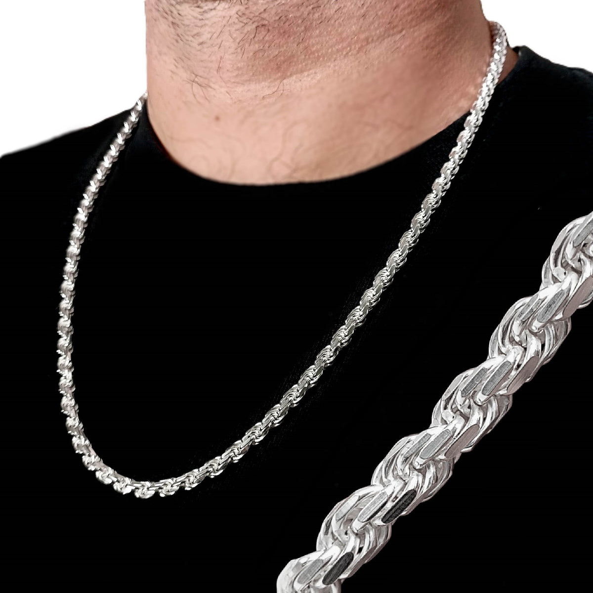 Cordón macizo de plata 925 fabricado en España, 60cm y 4,5mm con cierre mosquetón. Plata auténtica, no acero.