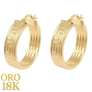 Par de aros de oro de ley 18k con dibujo de greca 6mm de anchos tamaño grande