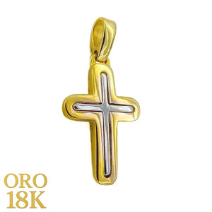 Cruz oro 18k bicolor de 20 mm de alto (sin contar el asa) y 2,5 gramos de peso.
