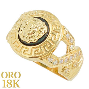 Anillo oro 18k con medusa y circonitas fondo ónix negro