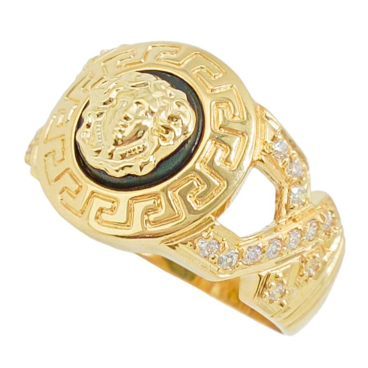 Anillo de oro 18k con medusa y circonitas fondo ónix negro