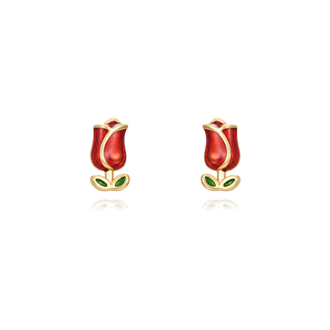 Pendientes de plata de ley 925 con baño de oro de 18k en forma de rosa con esmalte rojo, 4 mm