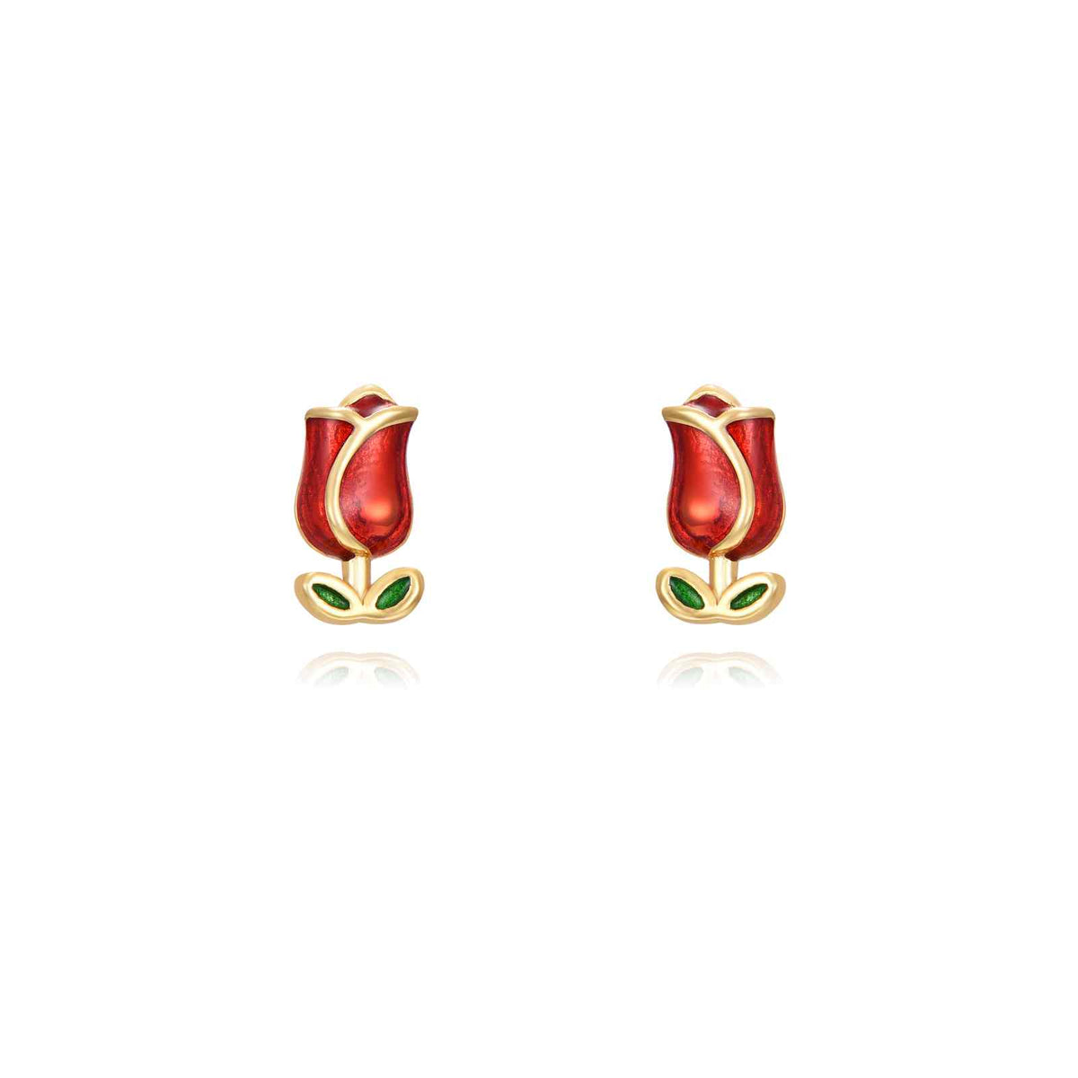 Pendientes de plata de ley 925 con baño de oro de 18k en forma de rosa con esmalte rojo, 4 mm