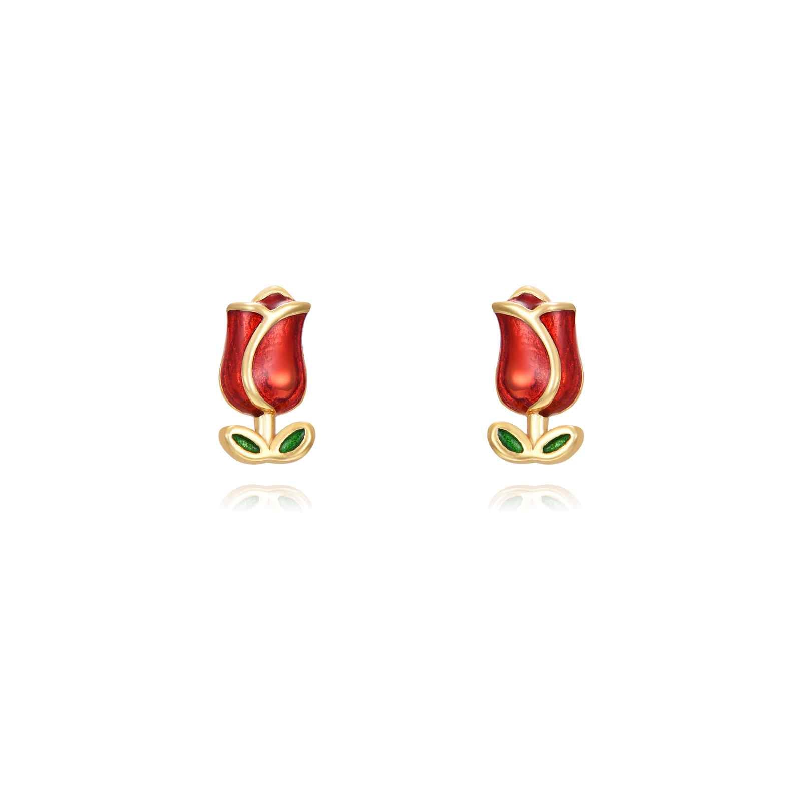Pendientes de plata de ley 925 con baño de oro de 18k en forma de rosa con esmalte rojo, 4 mm
