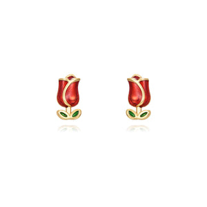 Pendientes de plata de ley 925 con baño de oro de 18k en forma de rosa con esmalte rojo, 4 mm