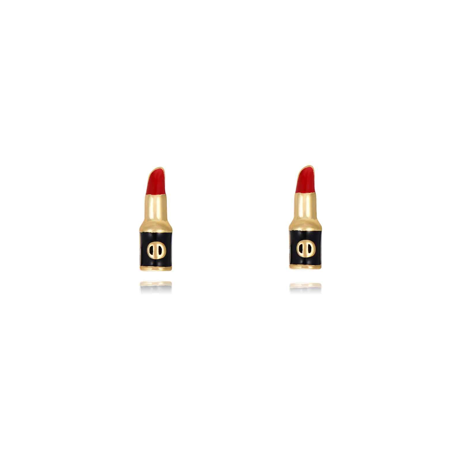 Pendientes con forma de pintalabios y esmalte rojo en plata bañada en oro, 8,5 x 3 mm