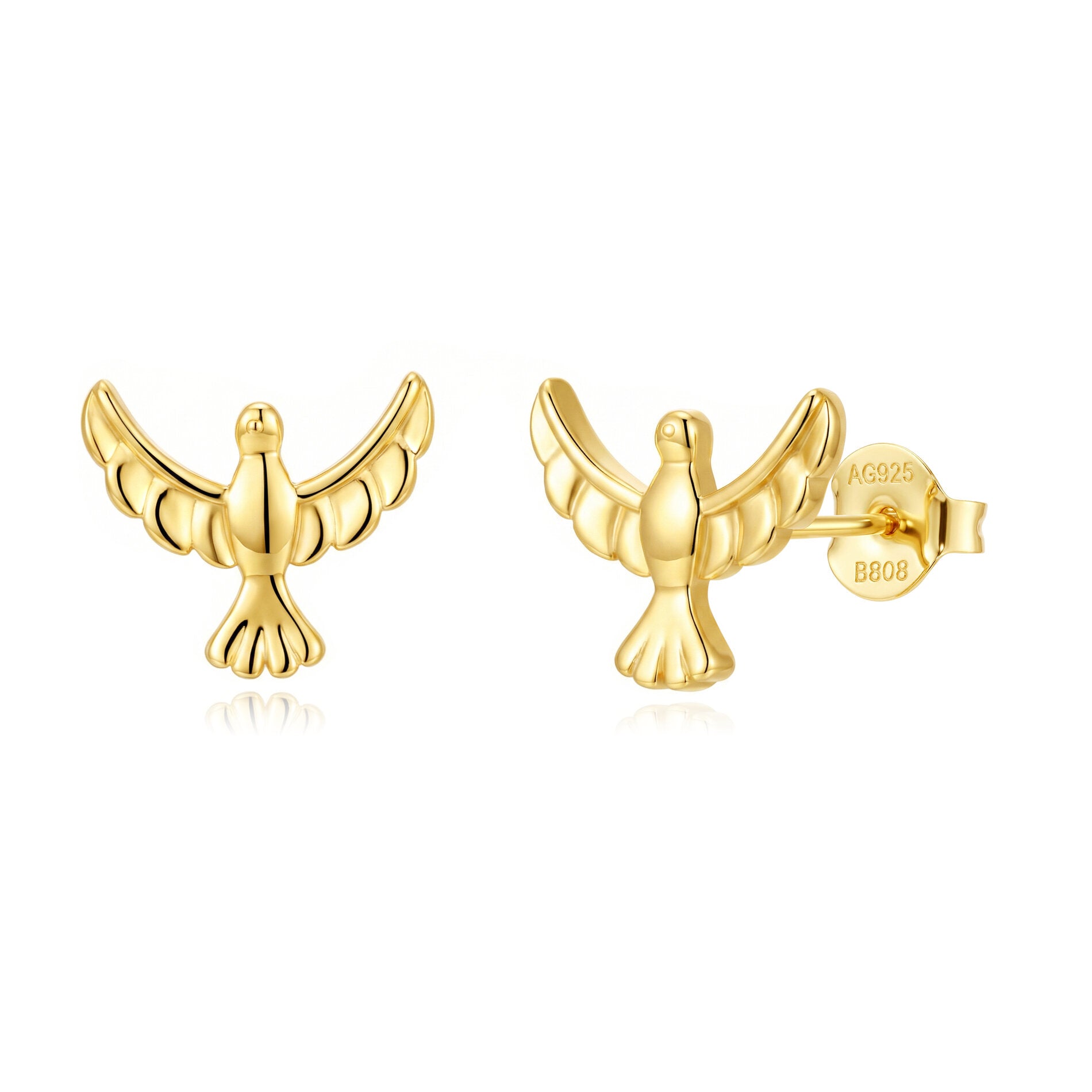 Pendientes de plata bañados en oro con forma de paloma de la paz, 9 mm