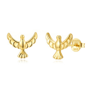 Pendientes de plata bañados en oro con forma de paloma de la paz, 9 mm