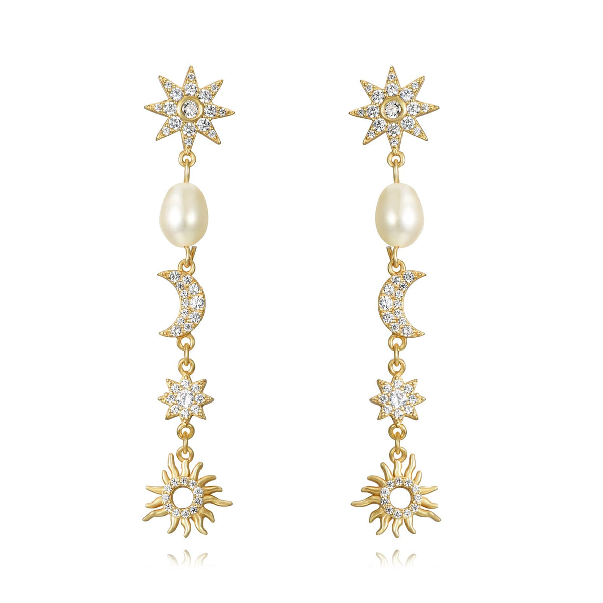 Pendientes elegantes largos con una perla y formas de estrella y lunas chapado en oro