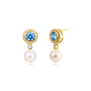 Pendientes de plata bañados en oro con perla cultivada y circonita azul de 8 mm
