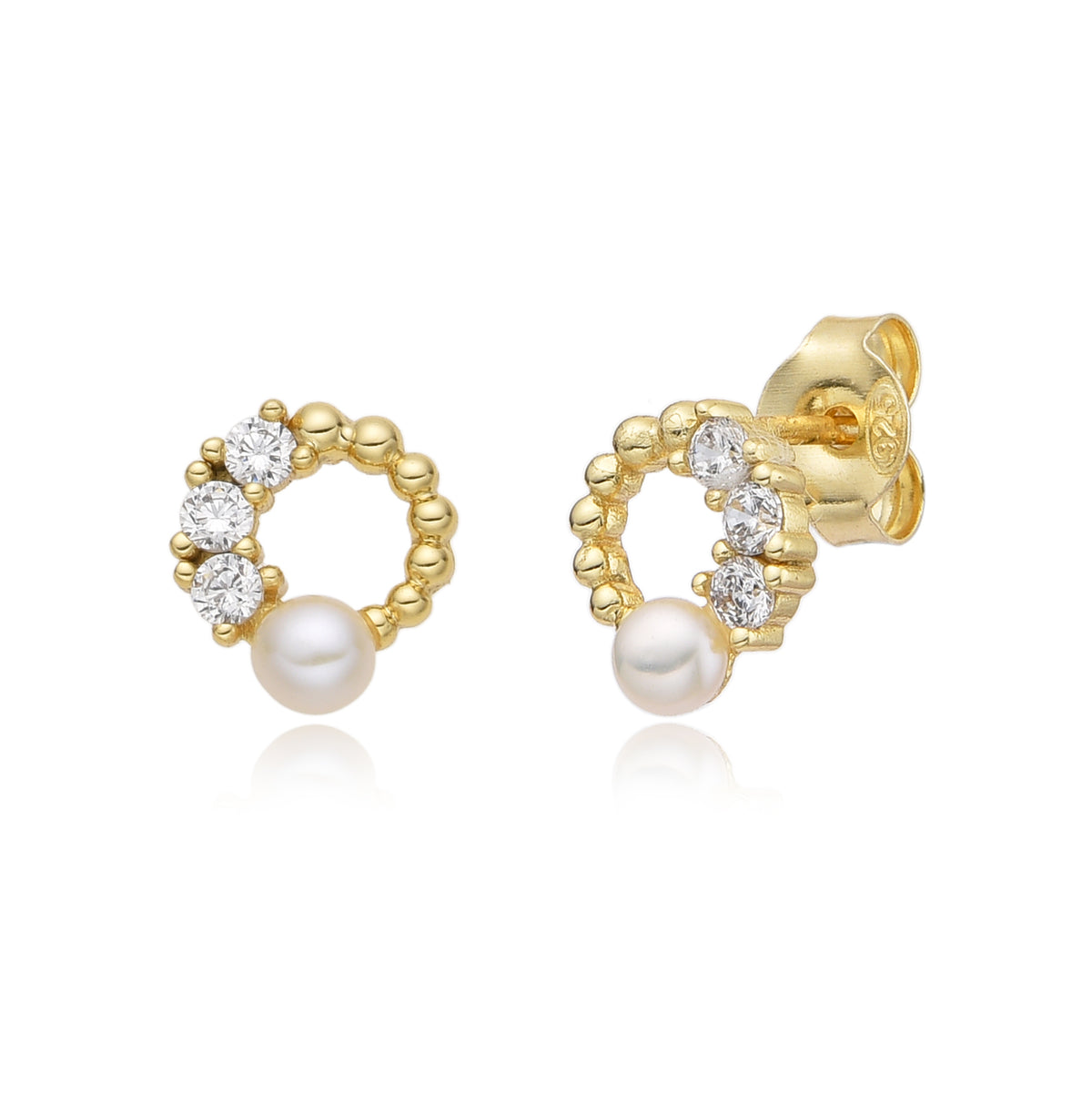 Pendientes de plata de ley 925 con baño de oro de 18k con perla y circonita, 9 mm