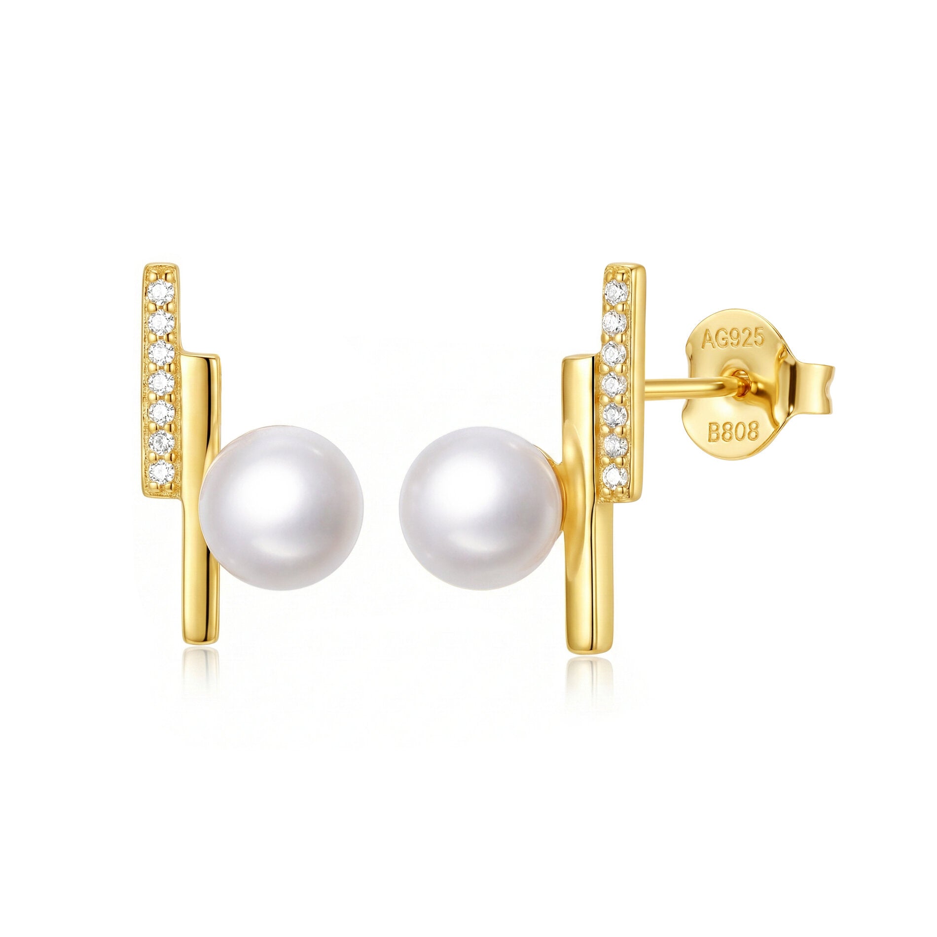 Pendientes rayo de plata bañada en oro con perla de 6 mm, 14 mm de largo