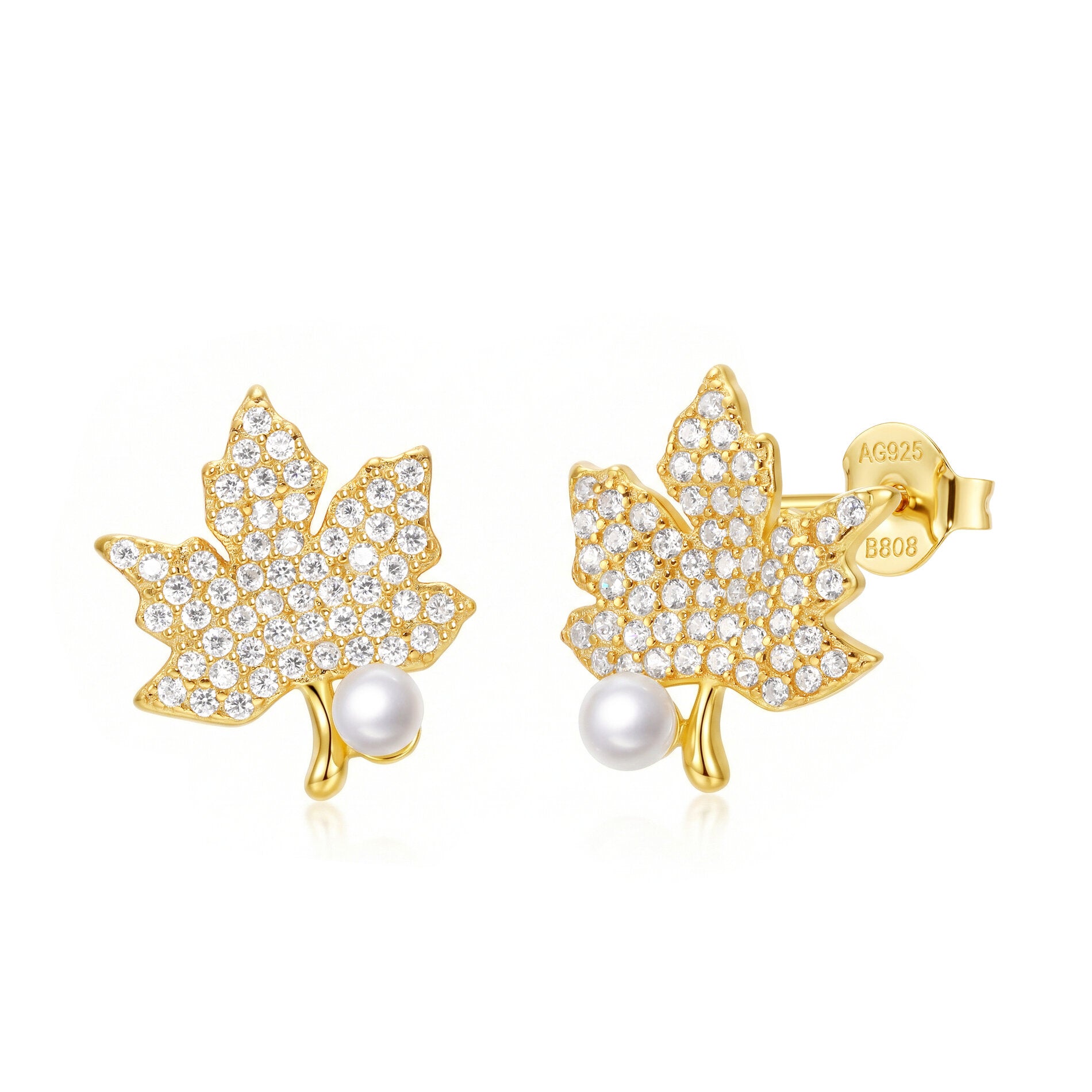 Pendientes de plata de ley 925 con baño de oro de 18k en forma de hoja de arce con perla de 3 mm, 14 mm