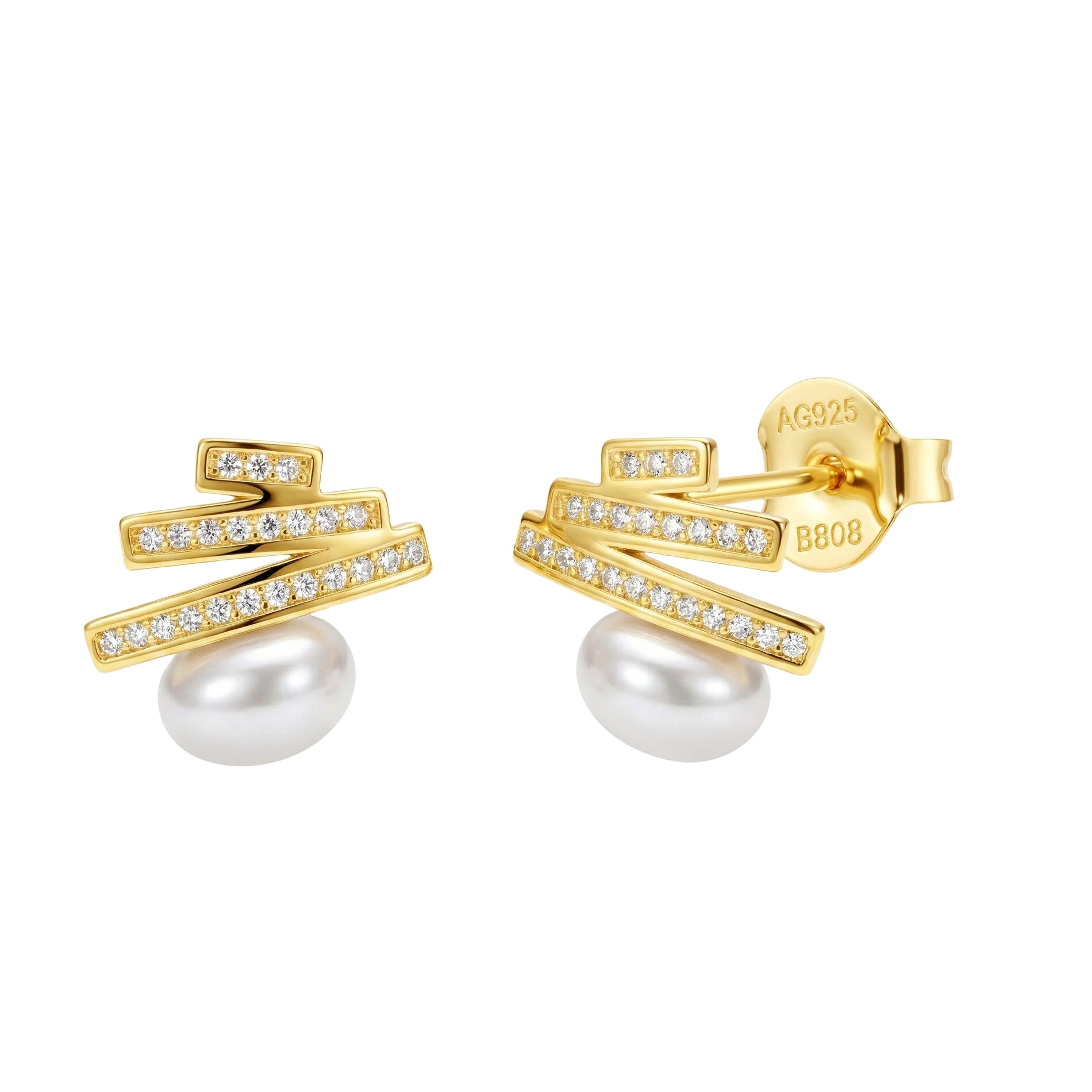 Pendientes de plata de ley 925 con baño de oro, tres barras y perla de 6 mm, 11 mm de largo