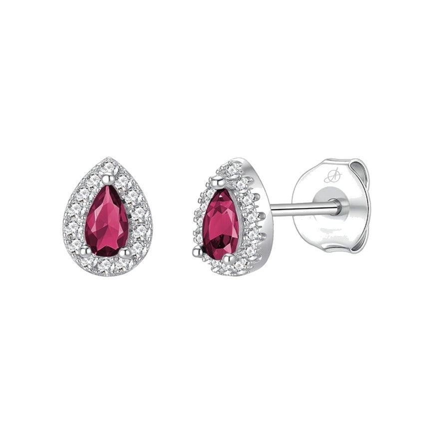 Pendientes gota plata de ley con circonita roja rubí, ancho 5 mm y alto 7 mm