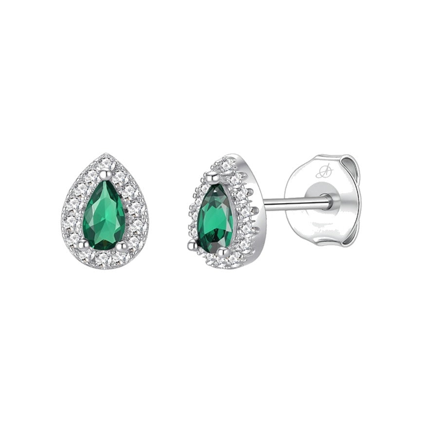 Pendientes gota plata de ley con circonita verde esmeralda, ancho 5 mm y alto 7 mm