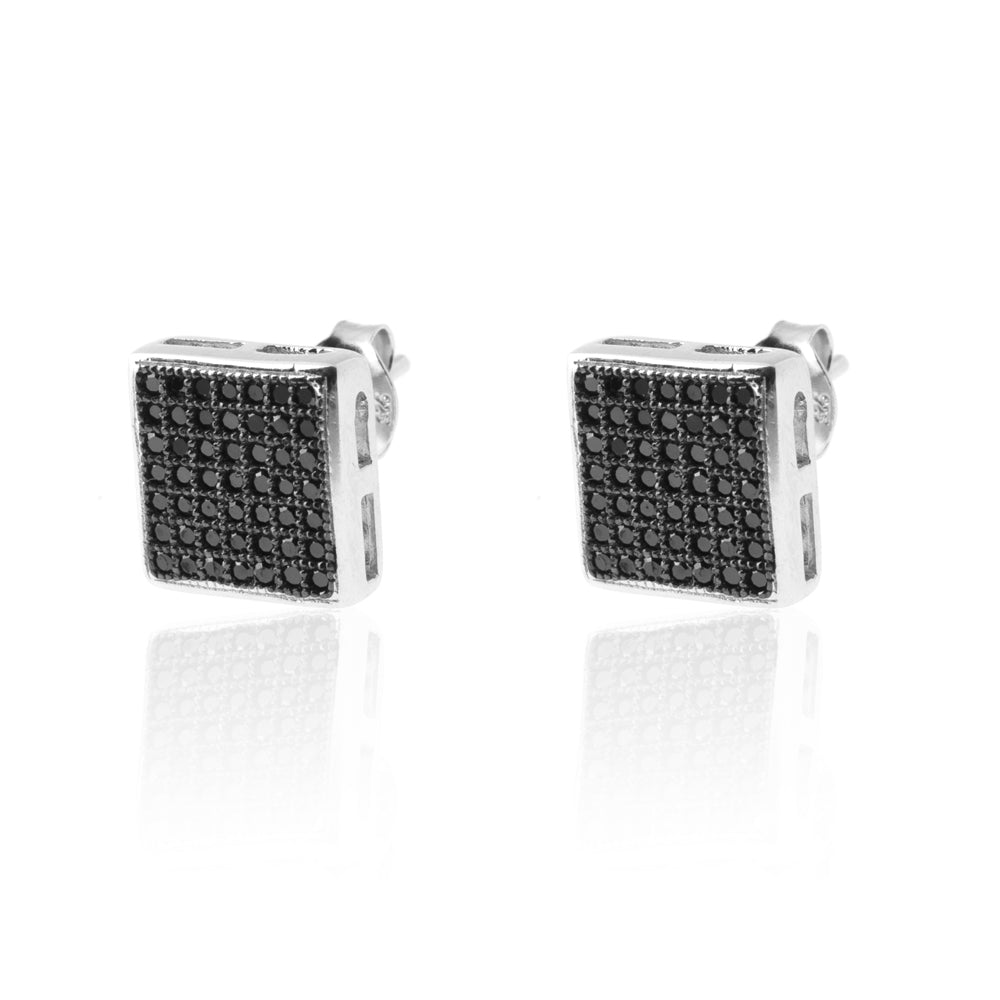Par de pendientes cuadrados con pavé de circonitas negras en plata de ley 925 rodiada, pendiente de 10 mm