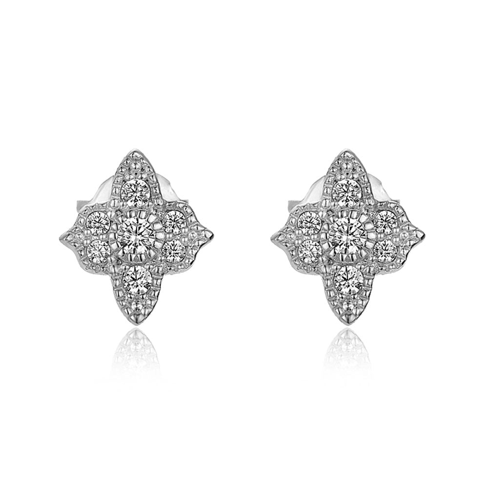 Pendientes con circonita blanca y diseño de flor en plata de ley 925 rodiada