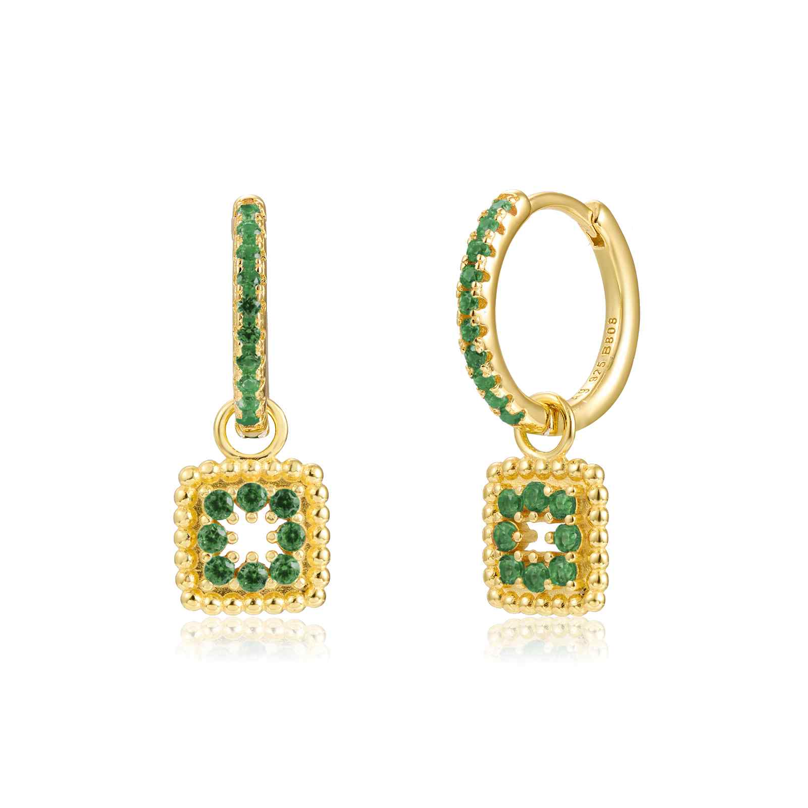 Pendientes cuadrados con circonita verde en plata de ley 925 chapada en oro, 13x8 mm