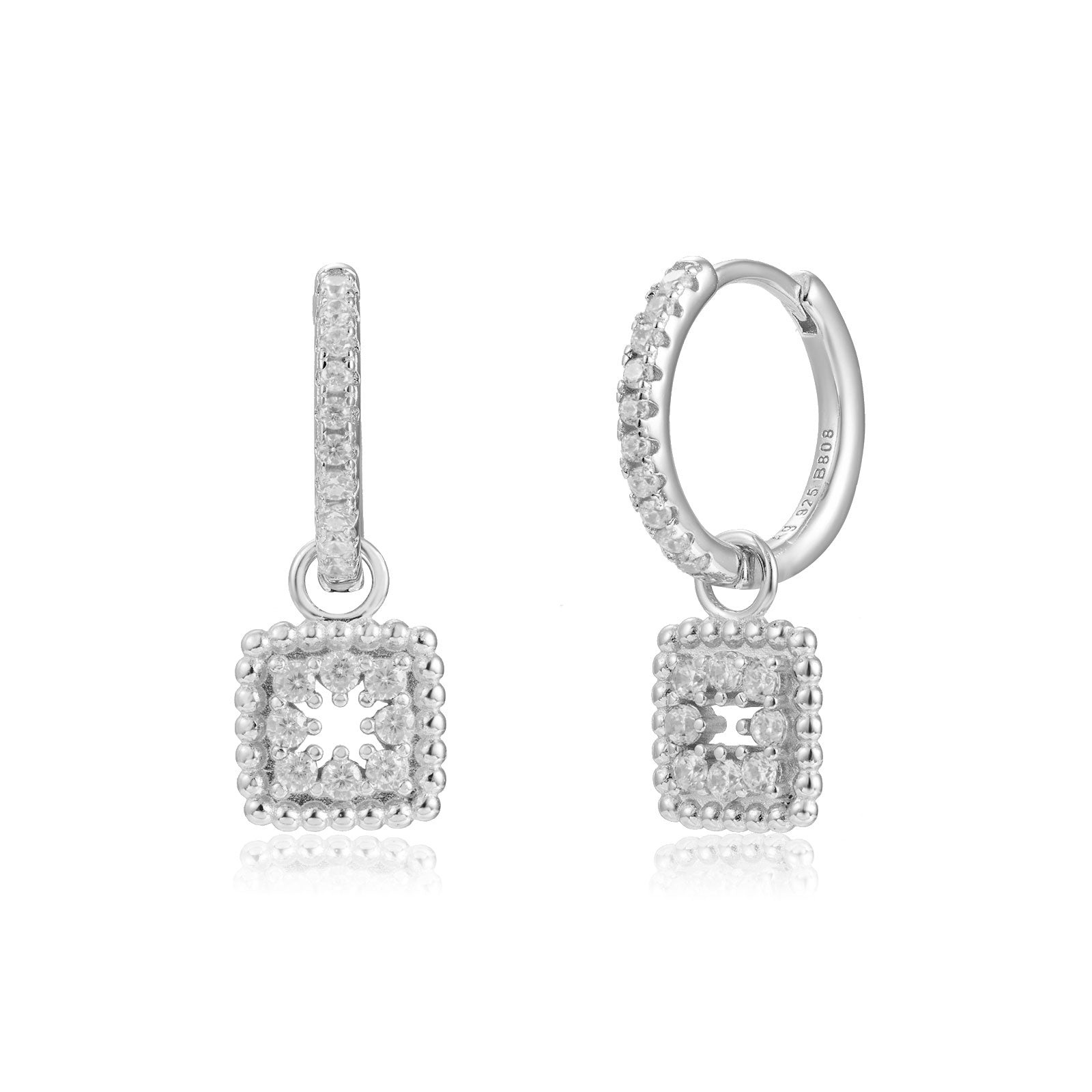 Pendientes cuadrados con circonita blanca en plata de ley 925 rodiada, 13x8 mm