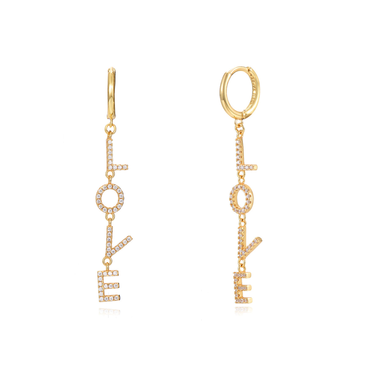 Pendientes aro love de plata bañados en oro con circonita blanca, 34 mm