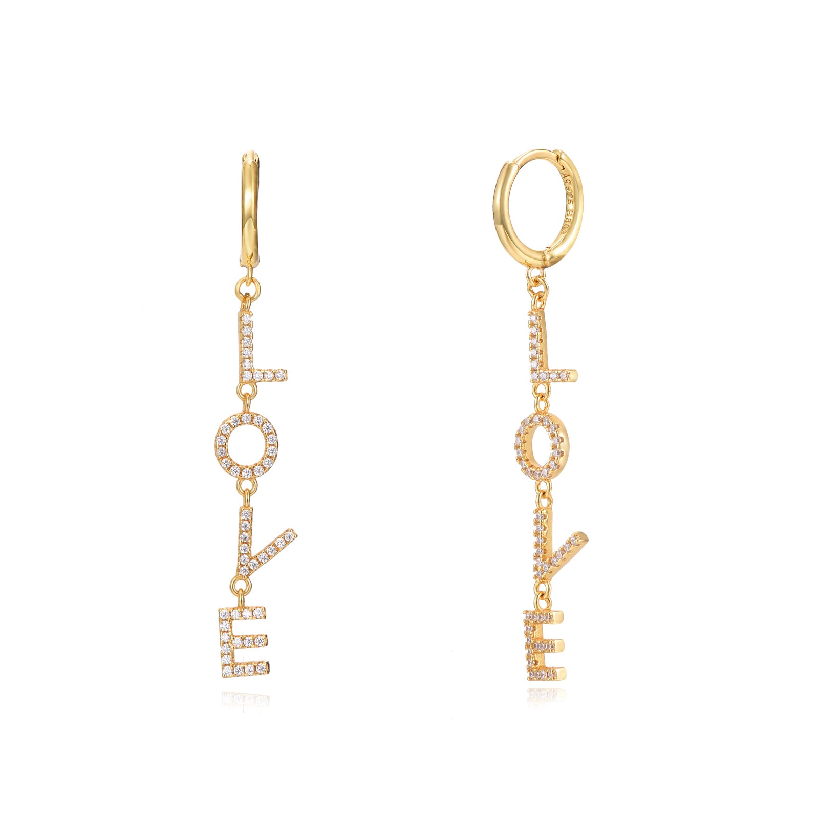 Pendientes aro love de plata bañados en oro con circonita blanca, 34 mm