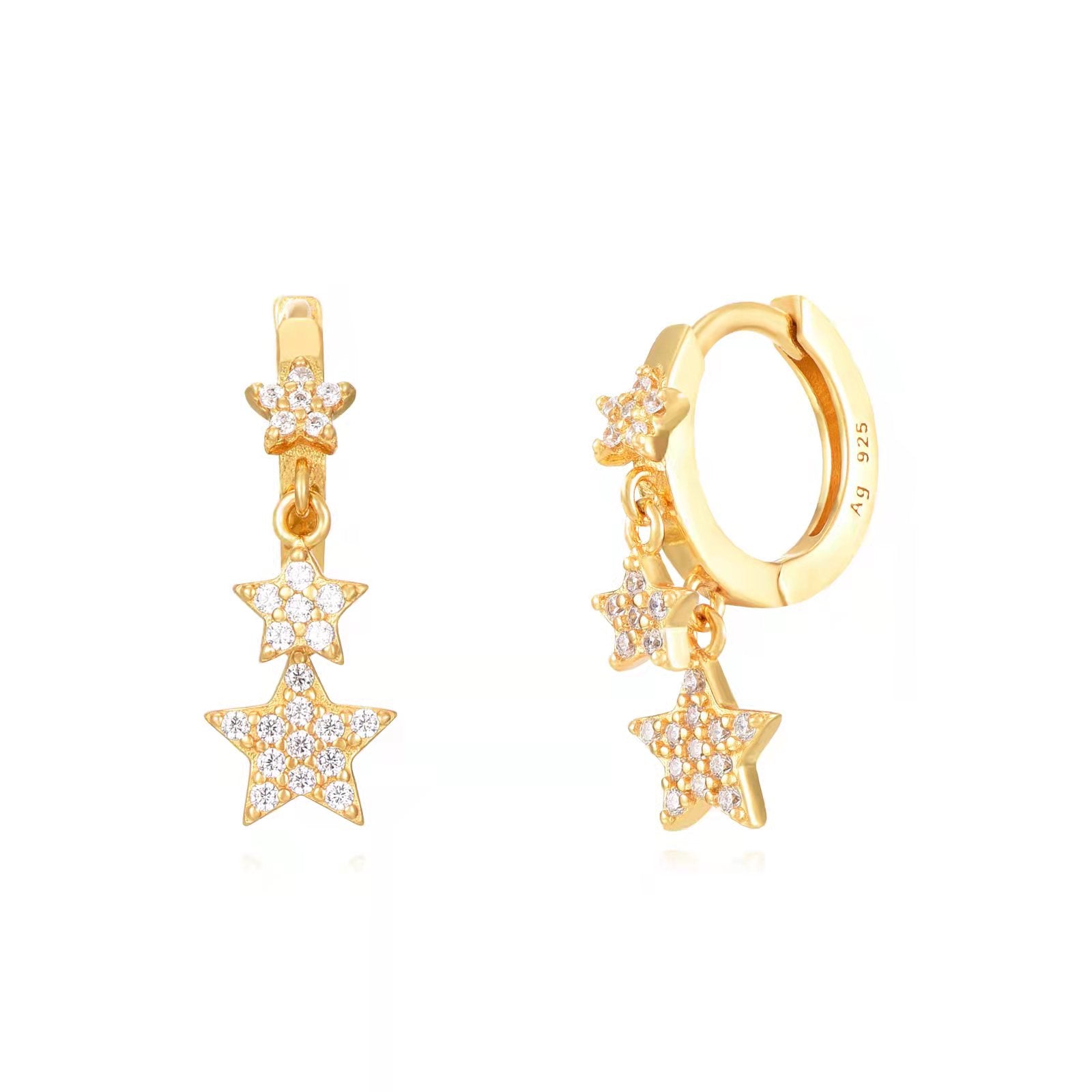 Pendientes estrella de circonita blanca en plata bañada en oro, 12 + 6 mm