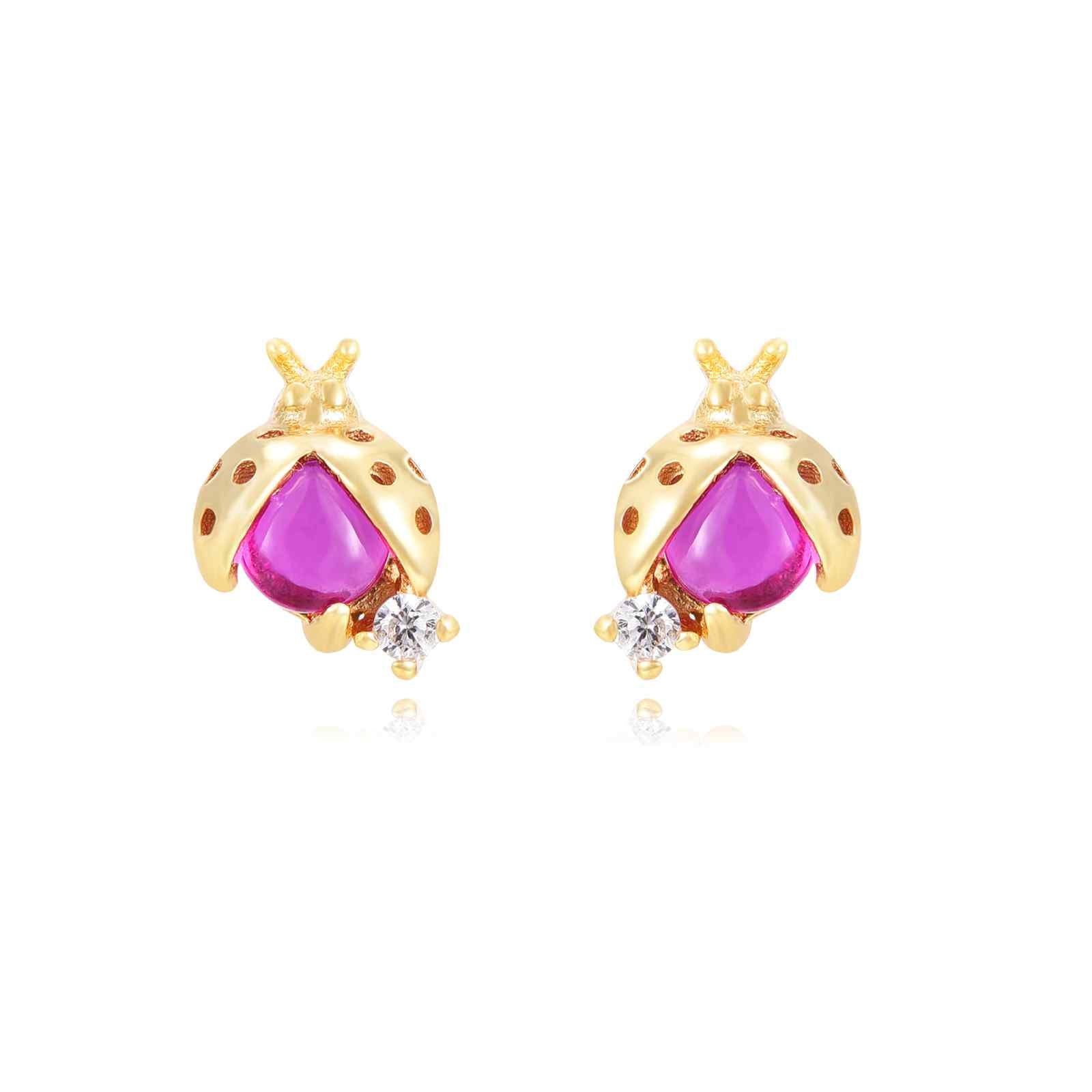Pendientes mariquita de plata bañados en oro con circonita rubí, 6,5 mm