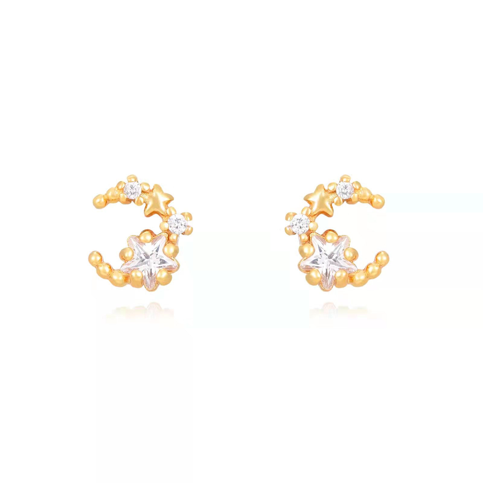 Pendientes luna y estrella de plata bañados en oro con circonita, 6 mm