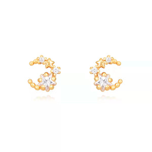 Pendientes luna y estrella de plata bañados en oro con circonita, 6 mm