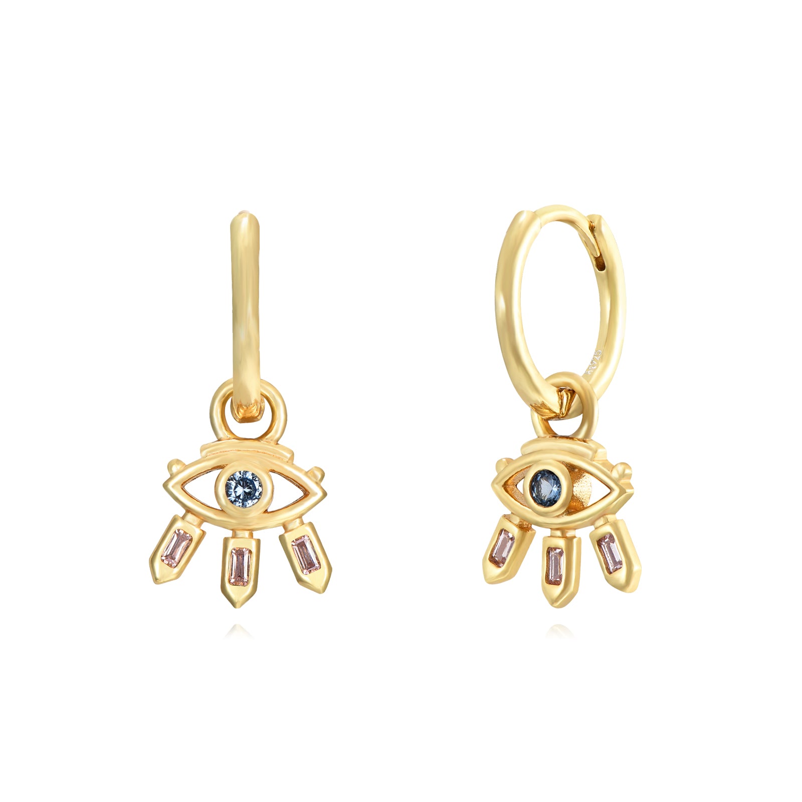 Pendientes ojo de plata bañados en oro con circonita multicolor, 9 mm