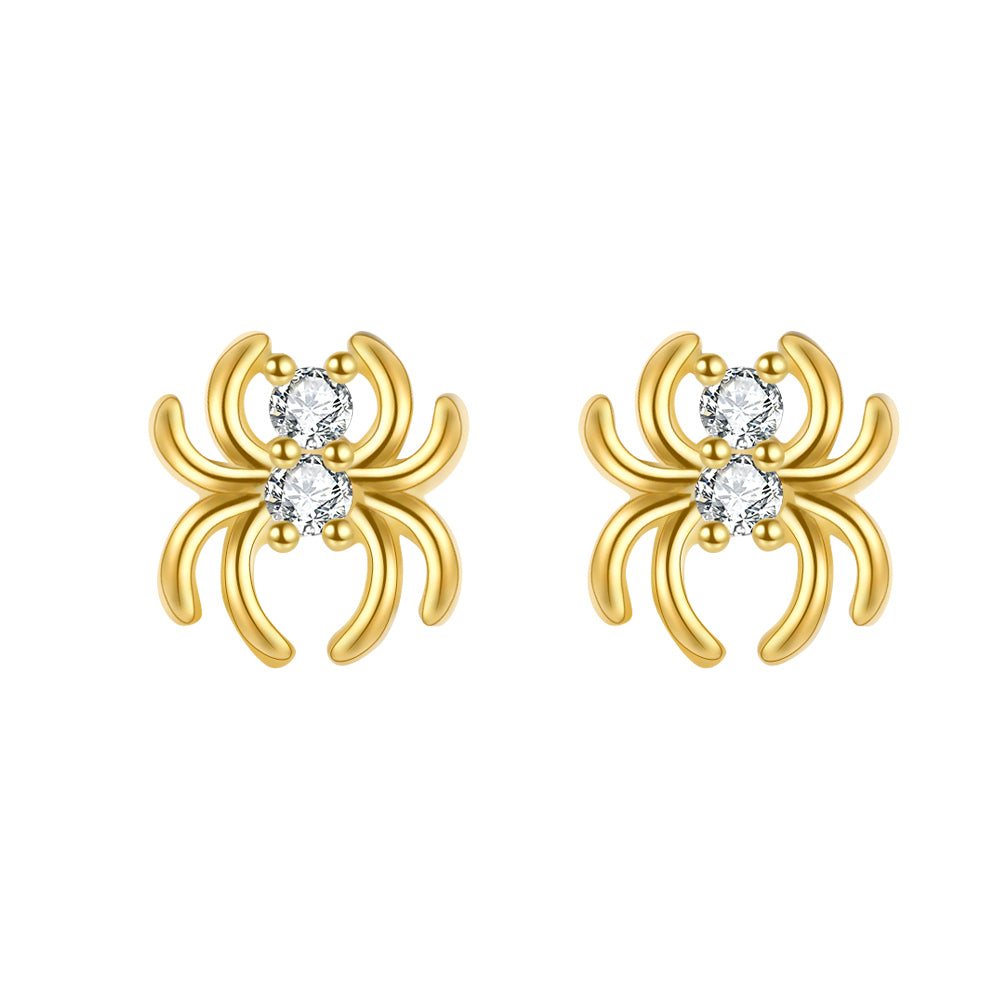 Pendientes de plata de ley 925 con baño de oro de 18k en forma de araña con circonitas, 8,5 mm