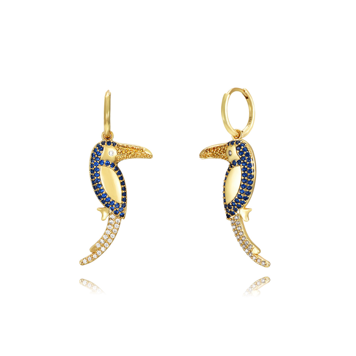 Pendientes de plata de ley 925 con baño de oro de 18k con pájaro y circonita azul, 28 mm