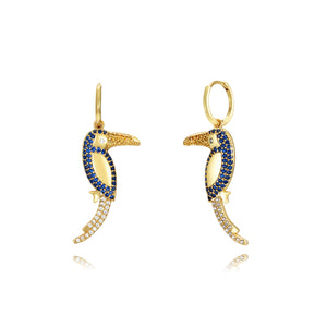 Pendientes de plata de ley 925 con baño de oro de 18k con pájaro y circonita azul, 28 mm
