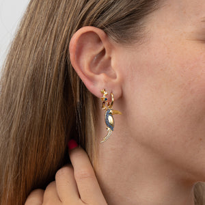 Pendientes de plata de ley 925 con baño de oro de 18k con pájaro y circonita azul, 28 mm