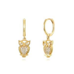 Pendientes de aro con búho de circonita en plata bañada en oro, 11 + 12 mm