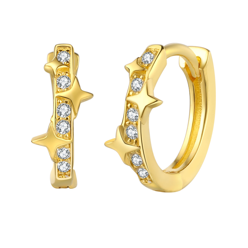 Pendientes de aro estrella con circonita blanca en plata bañada en oro, 11 mm